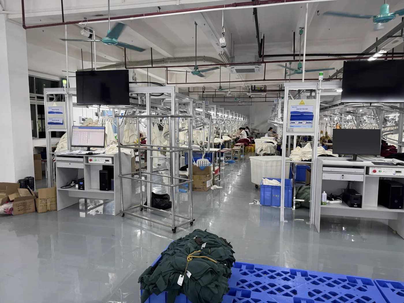 Numbered sewing stations with workers assembling garments